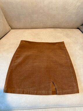 Brown Corduroy Mini Skirt with Front Slit